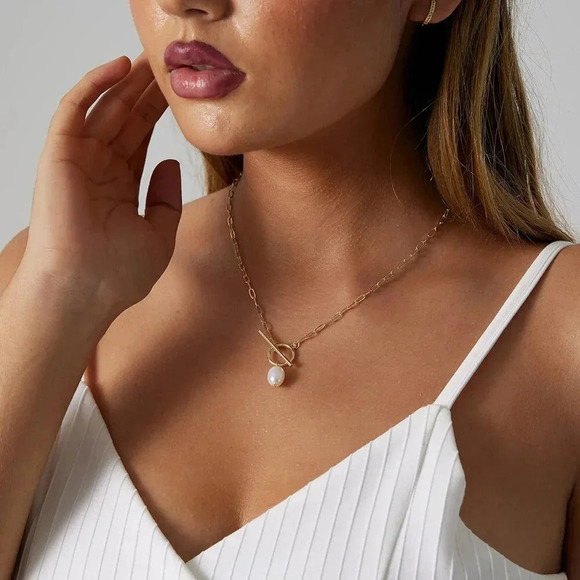 ❤️Women Gold Plated Half Chain Necklace Minimalist Pearl Cuban Chain Jewelry - Picture 4 of 6